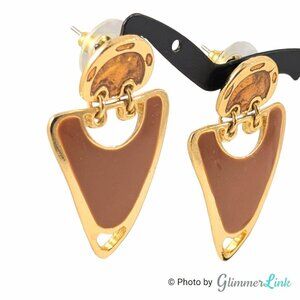 Vintage Modernist Burnt Sienna Enamel Doorknocker Earrings Gold Tone Geometric